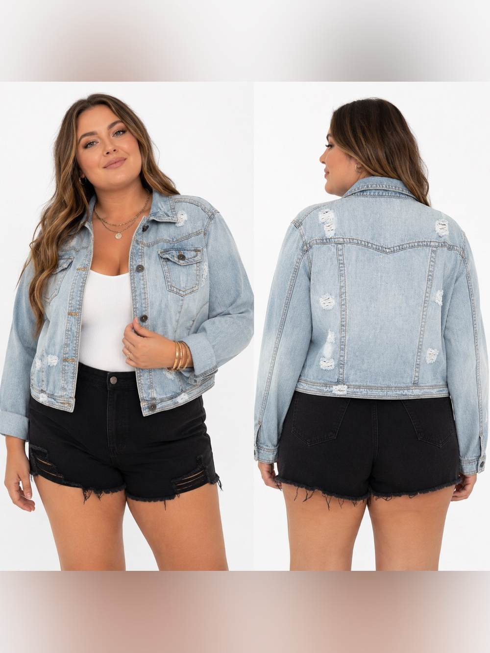 Vanity XXL Distressed Light Wash Denim Jacket Cropped Stretch Jean Jacket